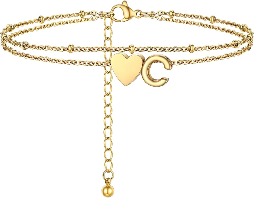 Initial Ankle Bracelets for Women, Dainty Stainless Steel Letter A-Z Layered Anklets, Heart Ankle Bracelet 8.5"-10.5" Adjustable, Summer Beach Jewelry, Come with Box