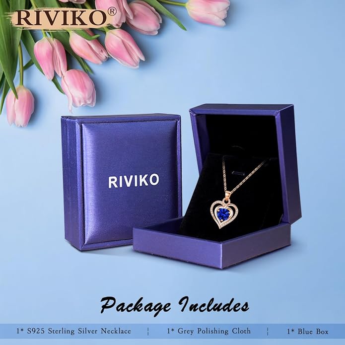 RIVIKO Heart Birthstone Pendant Necklace for Women 925 Sterling Silver Zirconia Necklaces Valentine's Day Anniversary Birthday Mothers Day Jewelry Gifts For Her Mother Wife