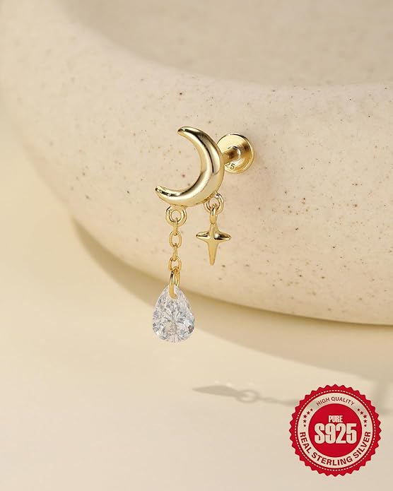 Sterling Silver 925 Flat Back Earring for Women Hidden Helix Piercing Jewelry 16G Star Moon Dangle Cartilage Internally Threaded Tragus Conch Stud Screw Cubic Zirconia Ear Ring