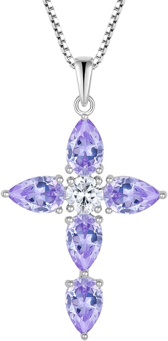 Cross Necklace for Women 925 Sterling Silver Teardrop Birthstone Pendant Religious Jewelry Gifts for Women