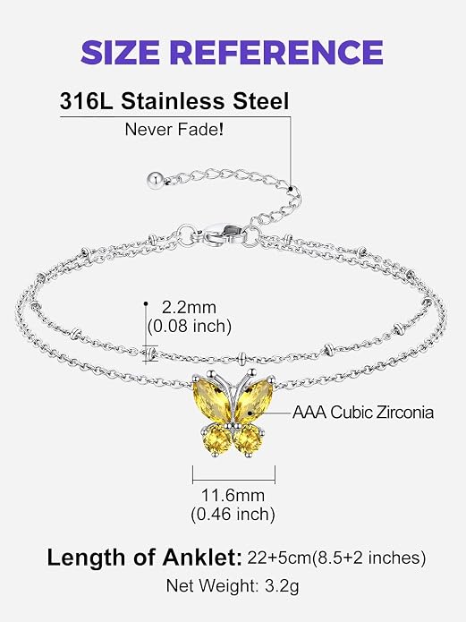 Richsteel Double Layer Heart/Butterfly Birthstone Anklet for Women Non Tarnish Waterproof, Silver/Gold/Black Stainless Steel 8.5-10.5 Inch Adjustable Chain Anklets Jewelry Gifts for Her