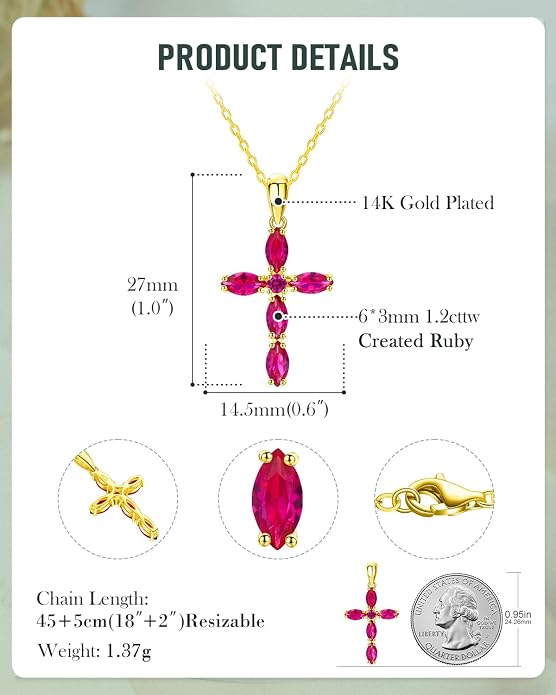 14K Gold Plated 925 Sterling Silver Birthstone Cross Necklace for Women Men