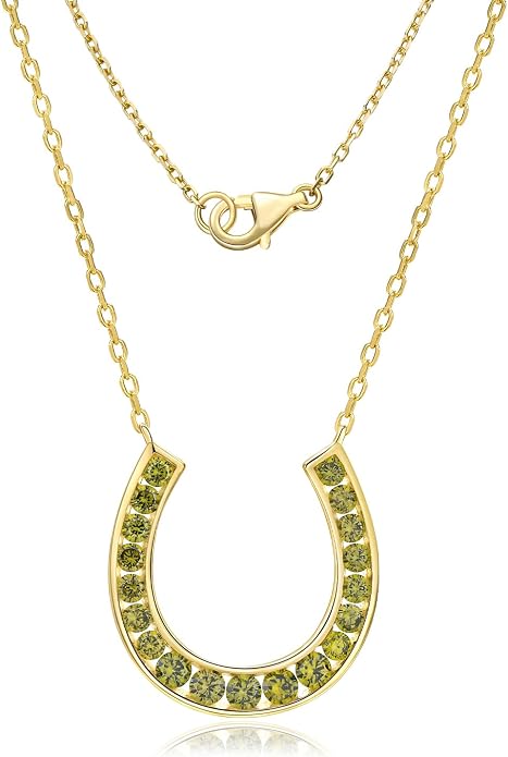 Luck Horseshoe Necklace 14K Gold Plated/Sterling Silver Created Gemstone Pendant with Chain Channel Set U Shaped Charm Necklace Birthstone Jewelry