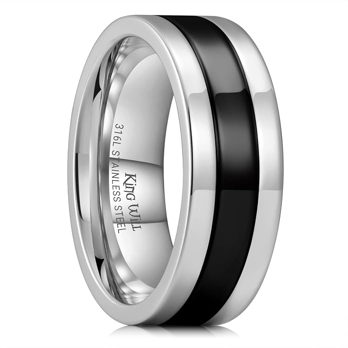King Will 316L Stainless Steel Men's Wedding Band – 6/8 mm Dual-Tone Wedding Ring Polished Finish with Gold/Black Steel Plating, Fashionable and Durable Stainless Steel Men's Ring Size 7-14