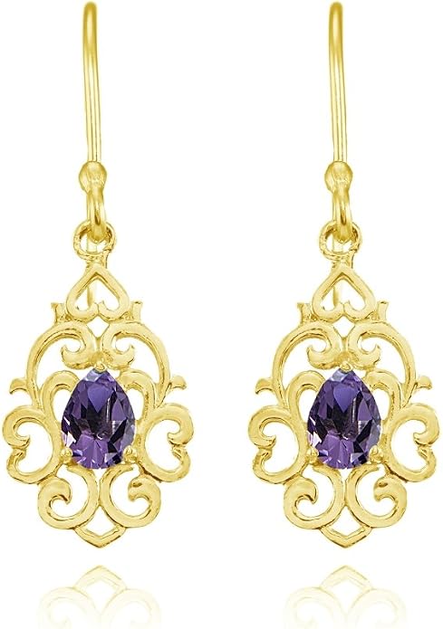 Sterling Silver Genuine or Created Gemstone Filigree Heart Teardrop Dangle Earrings