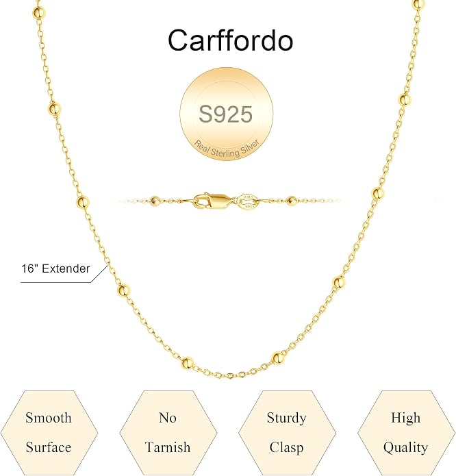 Carffordo 925 Sterling Silver Chain Necklace 16K Gold Plated Beaded Chain Necklace for Women Simple Dainty Choker Necklace Satellite Waterproof Link Necklace Trendy Jewelry Gifts