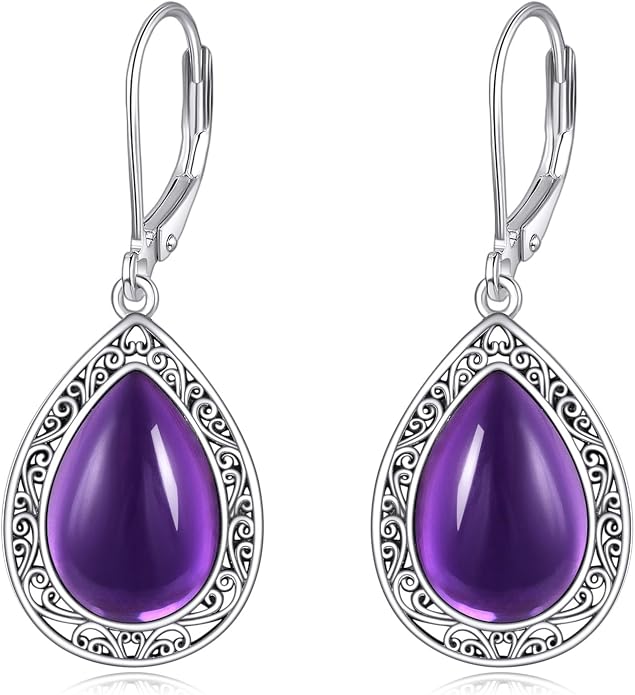 Moonstone/Lapis Lazuli/Peridot/Amethyst/Pink Teardrop Earrings for Women Sterling Silver Filigree Dangle Earrings Leverback Earrings Jewelry Gifts for Women