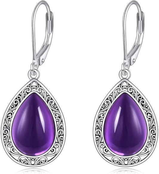 Moonstone/Lapis Lazuli/Peridot/Amethyst/Pink Teardrop Earrings for Women Sterling Silver Filigree Dangle Earrings Leverback Earrings Jewelry Gifts for Women
