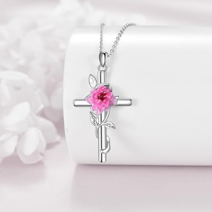 Flower Cross Necklace 925 Sterling Silver Carnation/Rose/Lily/Daisy Cross Necklace Birth Flower Jewelry for Women