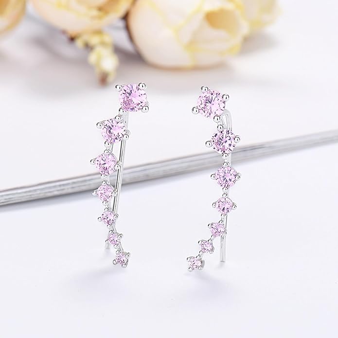 Climber Earrings for Women Ear Crawler Earrings White Gold Plated Cubic Zirconia Created Pink Tourmaline Earring Gifts for Women