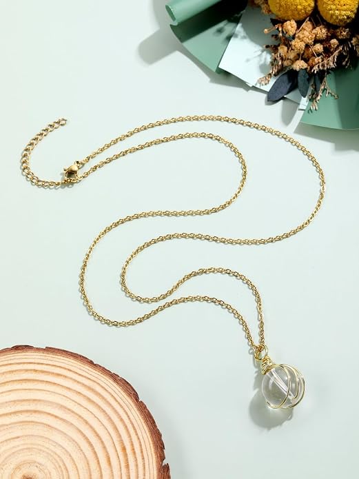 Jovivi Healing Crystal Stone Pendant Necklace Gold Wire Wrapped 16mm Natural Round Gemstone Ball Crystal Necklace for Women Men Reiki Quartz Jewelry