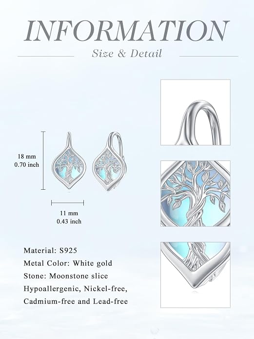 WINNICACA Leverback Earrings for Women 925 Sterling Silver Tree of Life Earrings Dangle Drop Turquoise Moonstone Moss Agate Heart Jewelry Gifts for Women Her Wife Anniversary Birthday Gifts