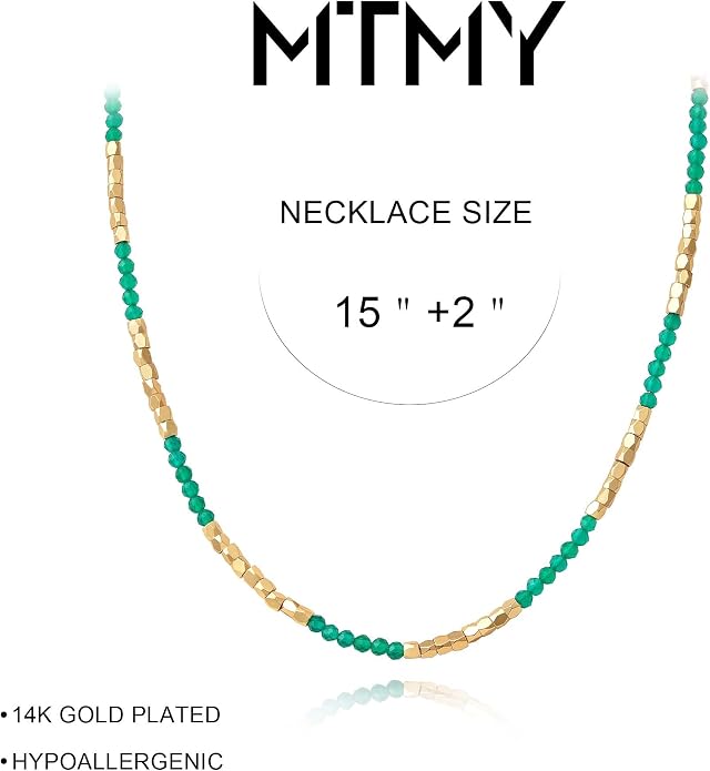 MTMY Beaded Gemstone Choker Necklace for Women, 14K Gold Plated Boho Colorful Natural Stone Bead Chain Necklace Summer Beach Handmade Jewelry