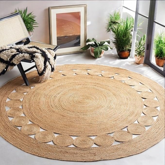 KEMA Jute Area Rug 6ft Round Natual Braided Dot Handwoven Rug Rustic Vintage Reversible Boho Area Rugs for Farmhouse, Living Room, Bedroom, Patio, Kitchen