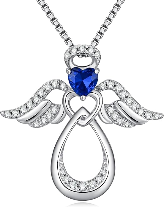 925 Sterling Silver Guardian Angel Pendant Necklace for Women with Birthstone Cubic Zirconia Little Angel Pendant Necklace Jewelry 18 inch Chain