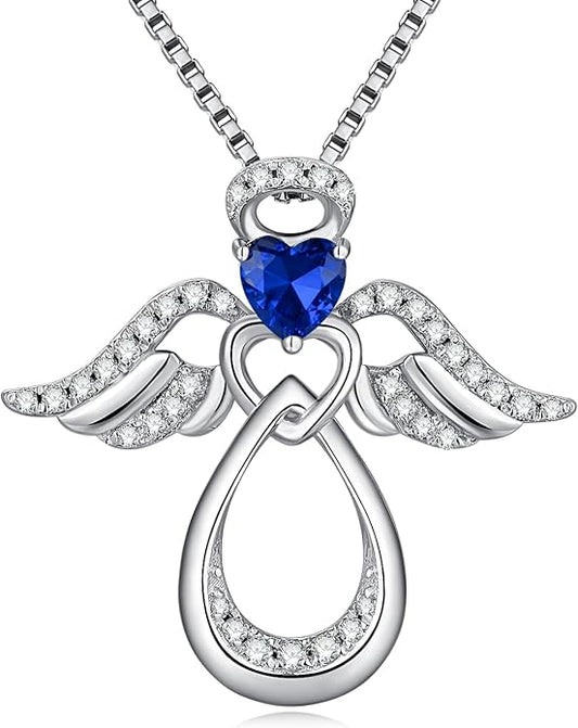 925 Sterling Silver Guardian Angel Pendant Necklace for Women with Birthstone Cubic Zirconia Little Angel Pendant Necklace Jewelry 18 inch Chain