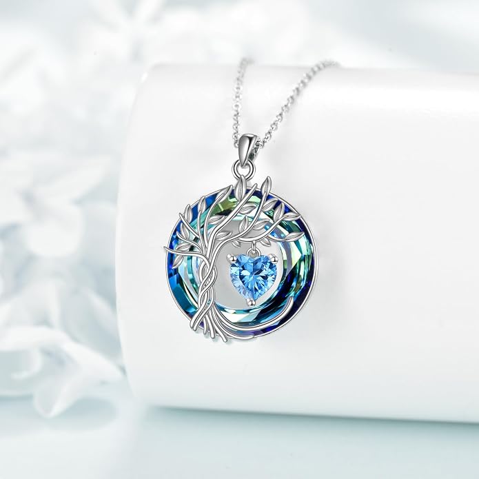 POPLYKE Mothers Day Gifts for Mom Her Wife Tree of Life Necklace 925 Sterling Silver Birthstone Pendant with Crystal Anniversary Birthday Wedding Jewelry for Women
