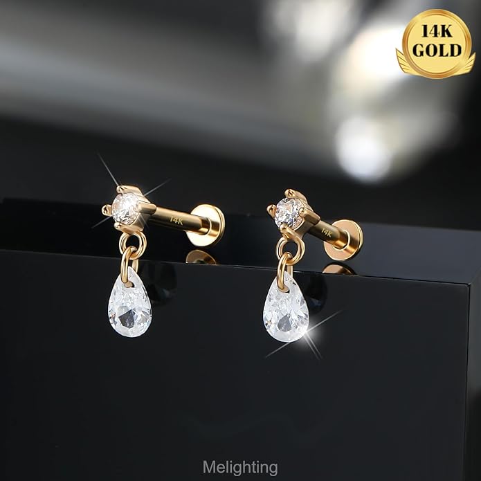 MeIighting 14K Solid Gold Helix Earring Clear CZ, Dangle Internal Thread Flat Back Earring, Teardrop Heart Round Cartilage Tragus Conch Piercing Jewelry for Women 6/8 mm