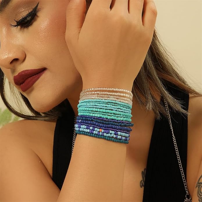 Fuqimanman2020 18Pcs Boho Stackable Beaded Bracelets for Women Colorful Handmade Multilayered Rice Beads Anklets Set Summer Beach Bohemian Jewelry Gift