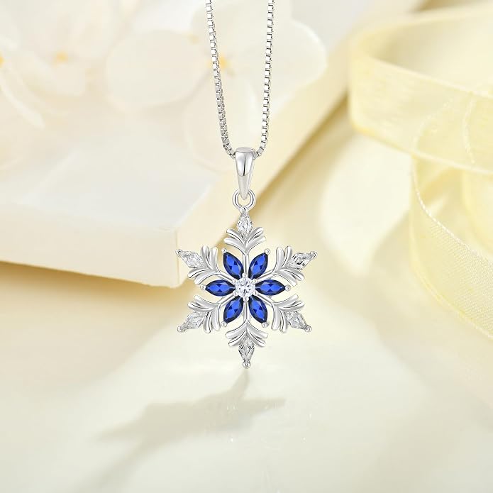 925 Sterling Silver Snowflake Necklace for Women Birthstone Snowflake Pendant Necklace Cubic Zirconia Christmas Jewelry