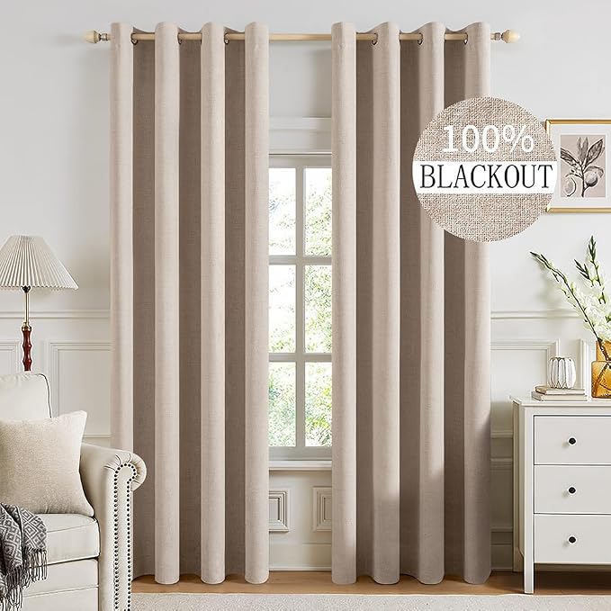 MIULEE 100% Blackout Textured Curtains for Bedroom Solid Thermal Insulated Natural Beige Grommet Room Darkening Curtains & Drapes Luxury Decor for Living Room 52 x 94 Inch (2 Panels)