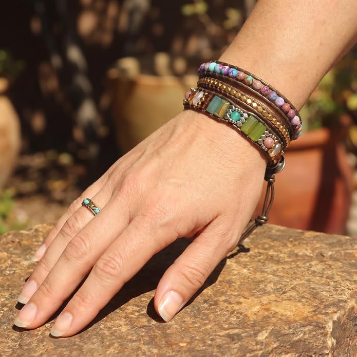 YGLINE Boho Handmade Wrap Leather Tube Crystal Stone Bracelet for Women