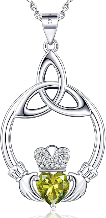 Gift Birthstone Necklaces for Women 925 Sterling Silver Irish Claddagh Necklace for Women Heart Birthstone Pendant Necklace Anniversary Birthday Gifts for Wife Lady Cable Chain 18"+2"