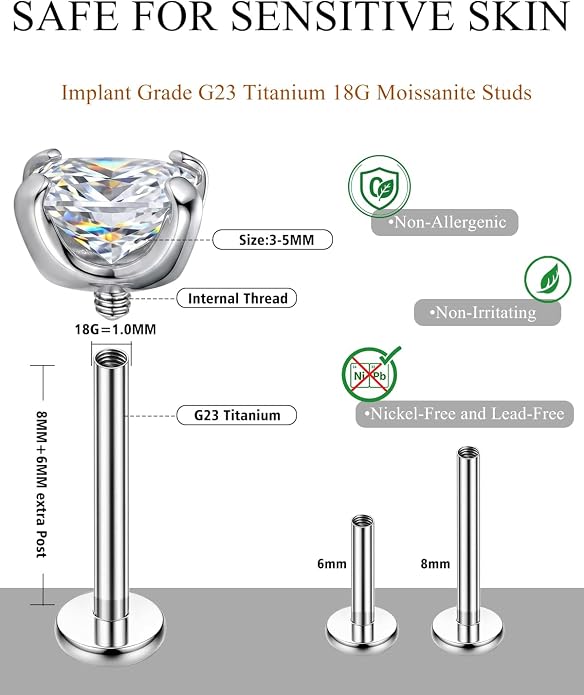 3Pairs Moissanite Earrings G23 Implant Grade Titanium Earrings for women Men, Flat Back Earrings Hypoallergenic Internal Thread Tragus lip nose Piercing Jewelry 18G 6/8MM Post with tool Round/Princess Cut Certified 3-5MM