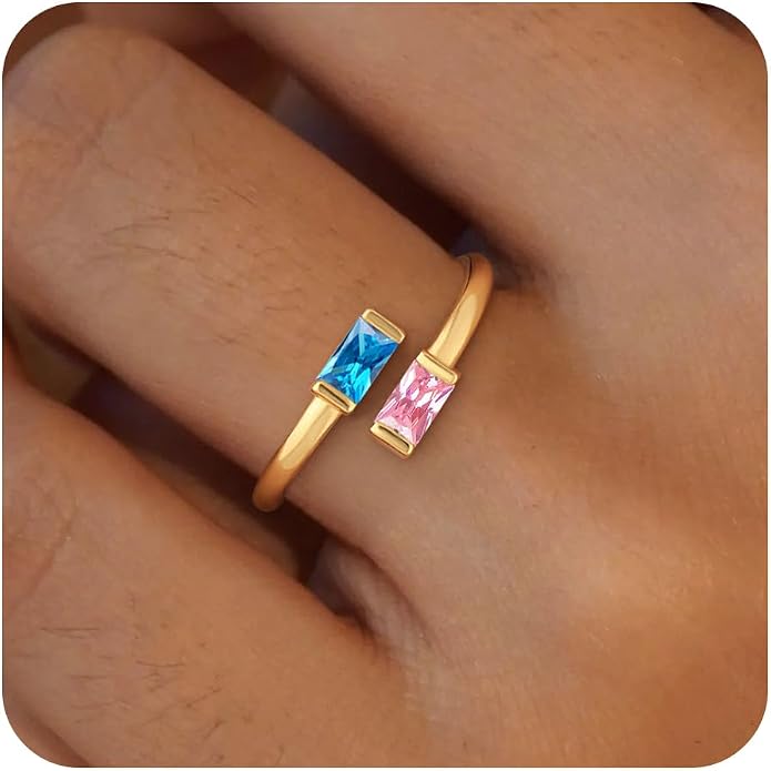 Honsny Gold Birthstone Rings for Women Non Tarnish 14K Gold Plated Adjustable Emerald Ring Cubic Zirconia Gemstone Promise Ring for Her Engagement Personalized Waterproof Jewelry Gifts for Birthday