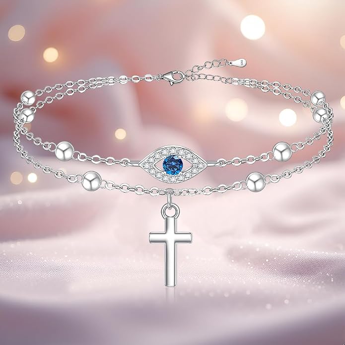 Evil Eye Anklet Sterling Silver Infinity Lotus Flower Evil Eye Anklets for Women Ankle Bracelets Turkish Blue Eyes Protection Chain Jewelry