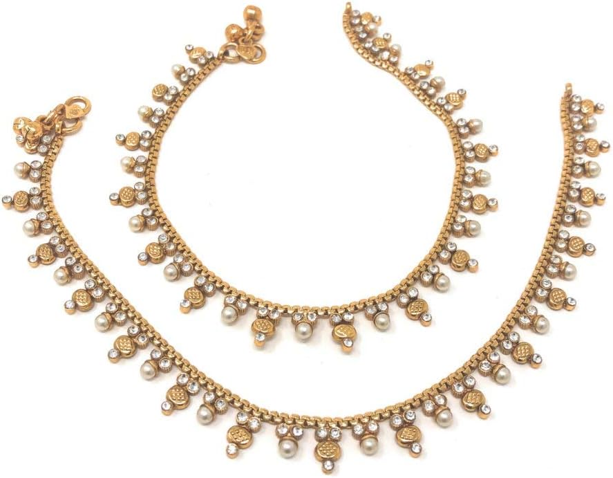 Duel On Jewel Gold Payal Set for Women, Indian Paayal Jhanjar Chain Anklets with Bell Detail, Foot Jewelry Pair, 10 Inch Comfort Fit, Traditional & Dainty Styles for Wedding Beach Everyday Gift