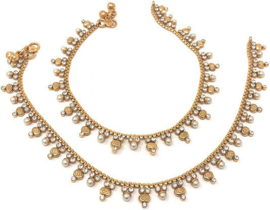 Duel On Jewel Gold Payal Set for Women, Indian Paayal Jhanjar Chain Anklets with Bell Detail, Foot Jewelry Pair, 10 Inch Comfort Fit, Traditional & Dainty Styles for Wedding Beach Everyday Gift