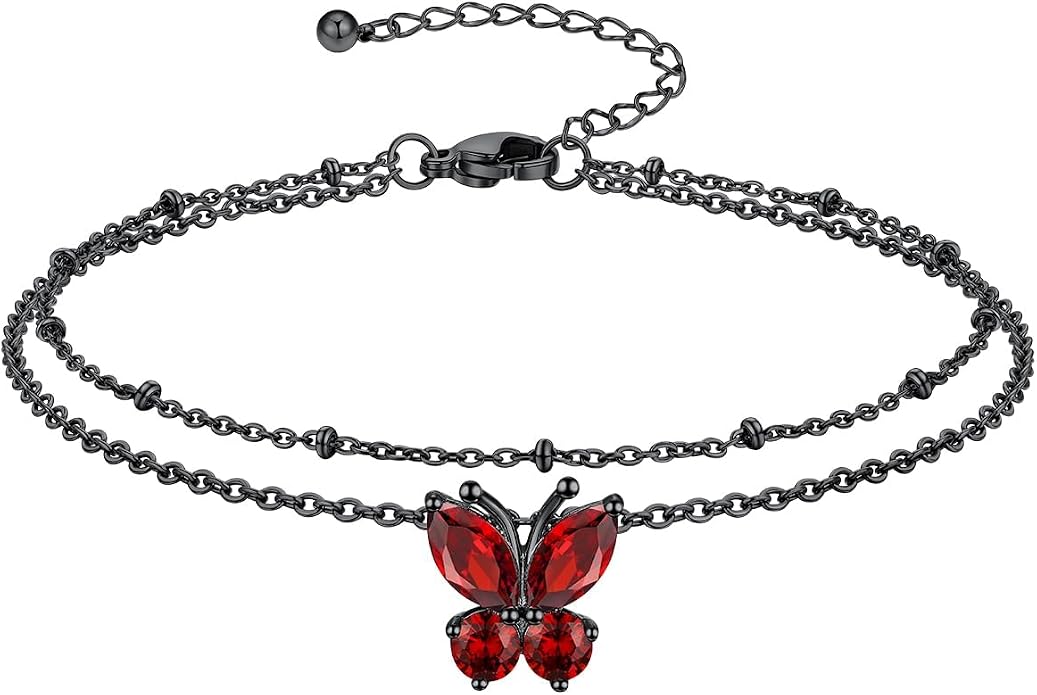 Richsteel Double Layer Heart/Butterfly Birthstone Anklet for Women Non Tarnish Waterproof, Silver/Gold/Black Stainless Steel 8.5-10.5 Inch Adjustable Chain Anklets Jewelry Gifts for Her