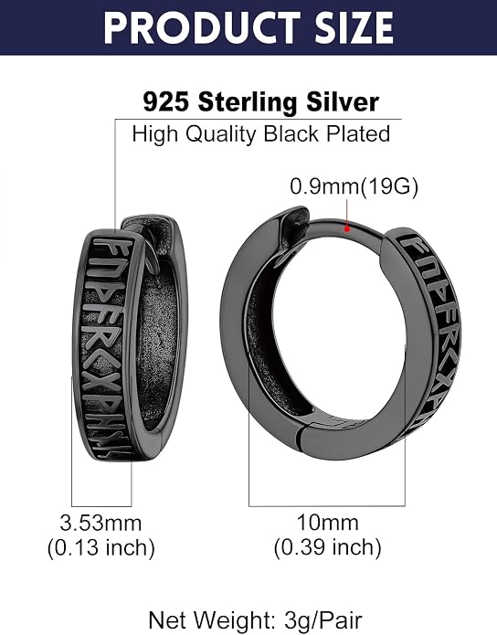 Bandmax 925 Sterling Silver Black Huggie Hoop Earrings 10mm Small Hypoallergenic Cartilage Piercing Jewelry for Women Men Gift