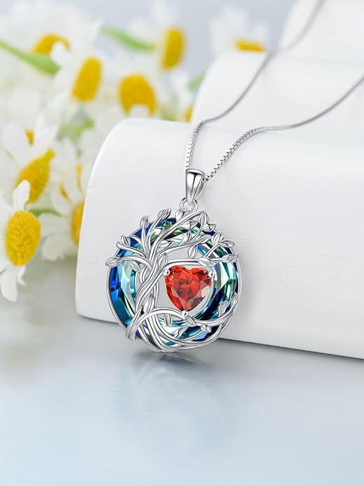 TOUPOP Tree of Life Birthstone Necklace Sterling Silver Pendant Birthstone Necklaces with Blue Crystal Anniversary Birthday Jewelry for Women Mom Wife Her