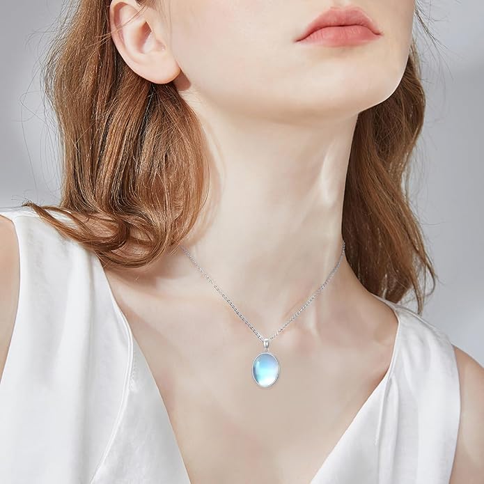 925 Sterling Silver Oval Moonstone/Turquoise Pendant Necklace, Dainty Necklace Jewelry Gifts for Women, with 18+2inch Chain