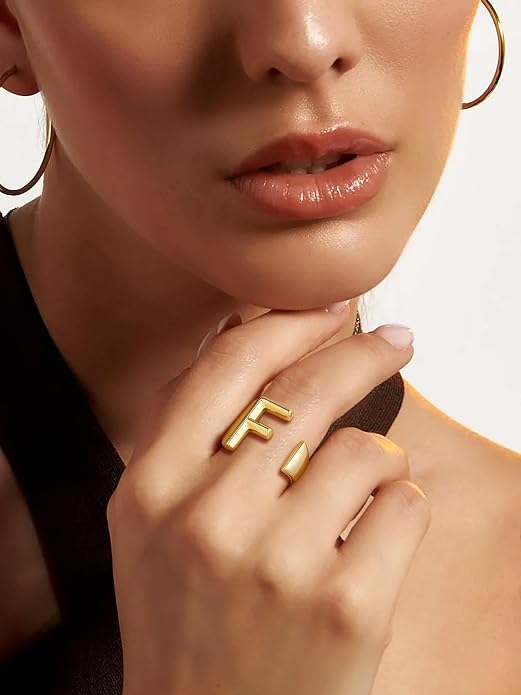 Suplight Nikel Free 18K Gold Plated Letter Rings, Fashion Monogram Jewelry Statement A-Z Wide Name Initial Alphabet Adjustable Open Ring for Women