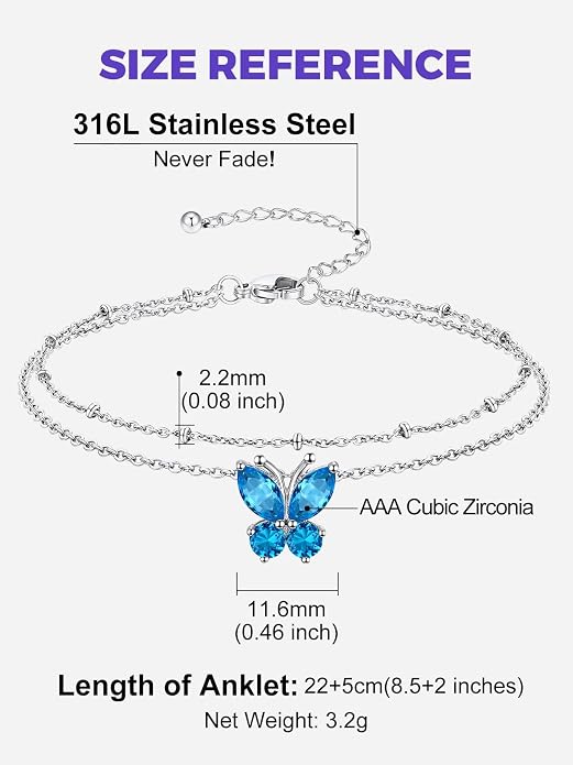 Richsteel Double Layer Heart/Butterfly Birthstone Anklet for Women Non Tarnish Waterproof, Silver/Gold/Black Stainless Steel 8.5-10.5 Inch Adjustable Chain Anklets Jewelry Gifts for Her