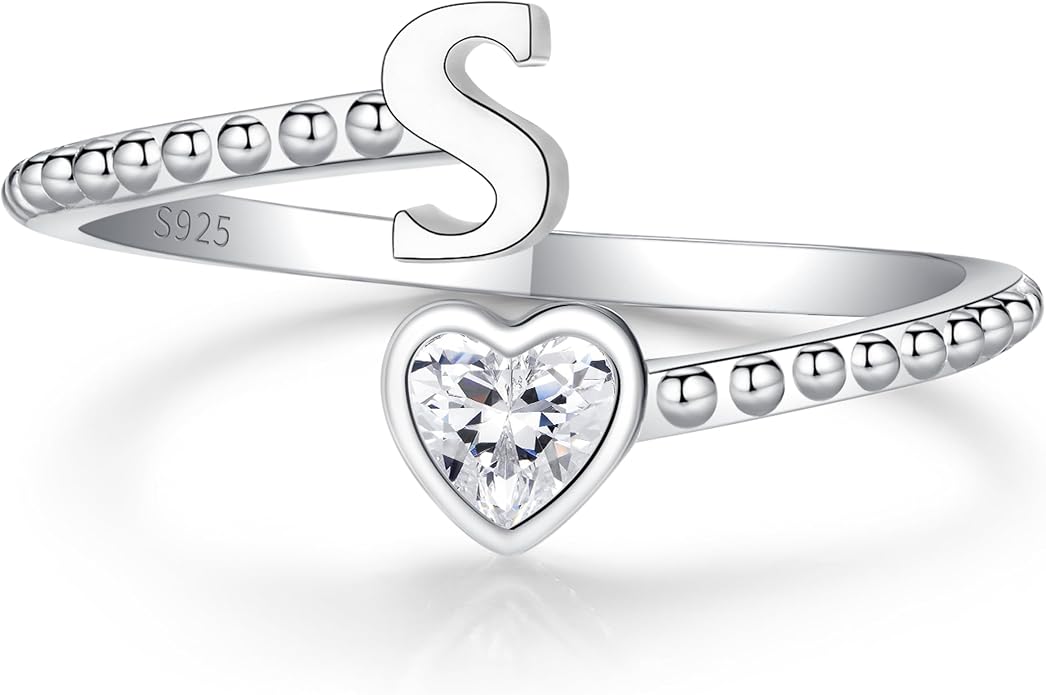 Step Forward 925 Sterling Silver Adjustable Initial Ring for Women | Non Tarnish Letter Rings for Lady | Alphabet Heart Thumb Rings | Capital Letter Jewelry Gifts