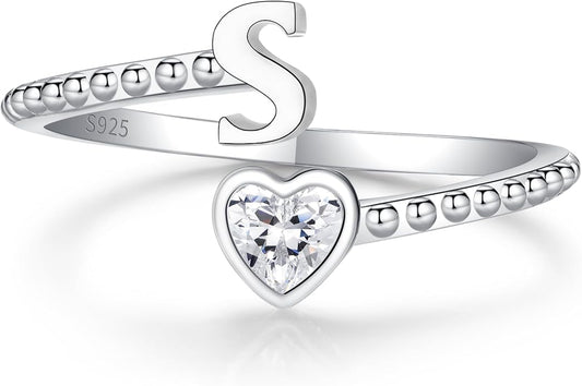 Step Forward 925 Sterling Silver Adjustable Initial Ring for Women | Non Tarnish Letter Rings for Lady | Alphabet Heart Thumb Rings | Capital Letter Jewelry Gifts