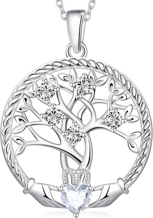 Birthstone Tree of Life Necklace for Women, 925 Sterling Silver Family Tree Pendant, Dainty Jewelry Birthday Mother's Day Valentine's Day Gifts for Her Mom Wife, 18"+2" Adjustable