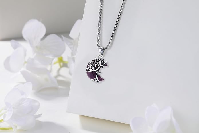 925 Sterling Silver Tree of Life Necklace, Crescent Moon Pendant with Amethyst, Moon Crystal Healing Jewelry Gift for Women