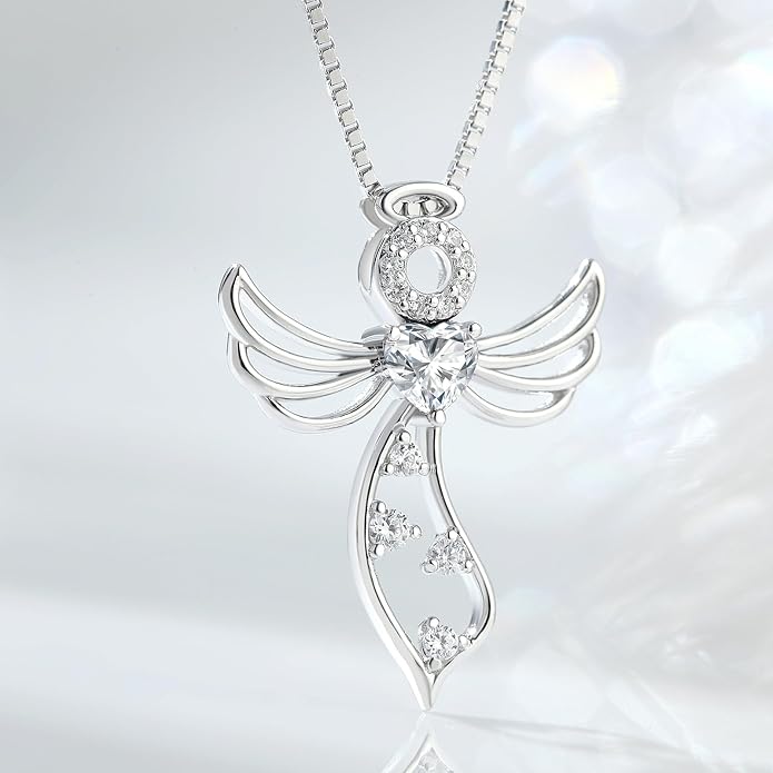 925 Sterling Silver Guardian Angel Pendant Necklace for Women - Birthstone Cubic Zirconia, 18" Chain, Gift for Her