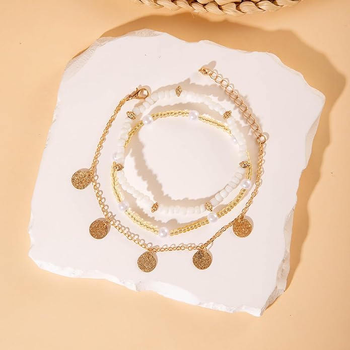 Ankle Bracelets for Women Stretch Boho Pearl Bead Gold Anklets Layered Sequins Foot Chain Hawaiian Beach Conch Summer Vacation Travel Foot Jewelry