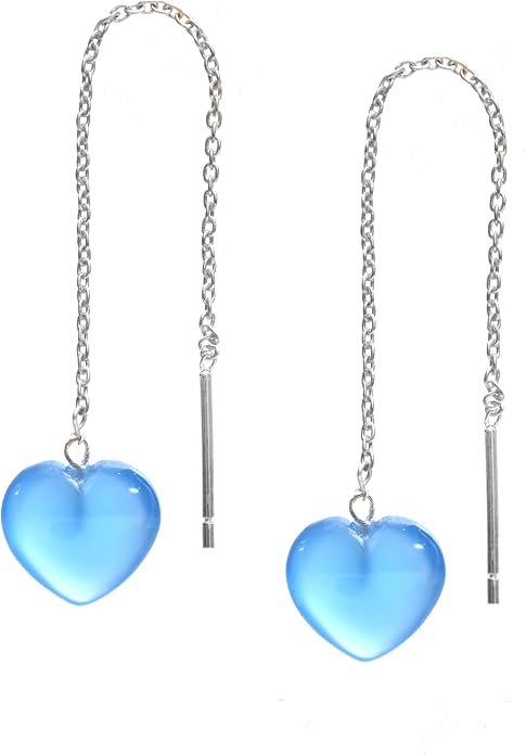 Gemstone Heart Shaped Threader Earrings in 925 Sterling Silver, Pull Through Adjustable, Versatile & Trendy, Perfect Valentine's Gift for Women, Choice of Gemstone Available