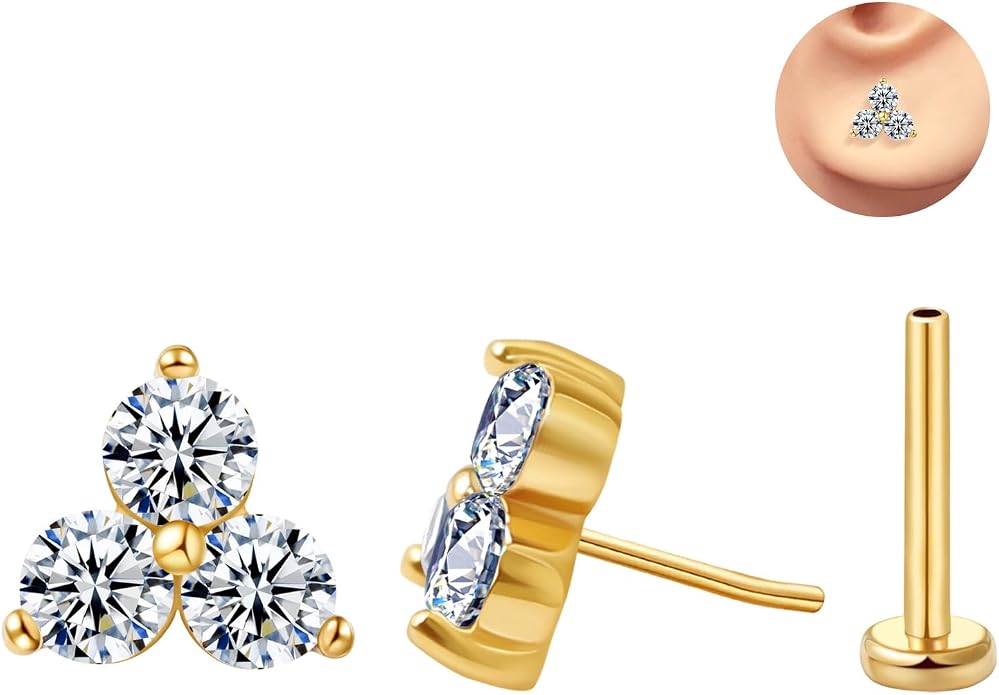 FANSING Cartilage Earring Tragus Stud Trio CZ Stone Flat Back Earring for Helix Conch Threadless Push Pin Labret Stud