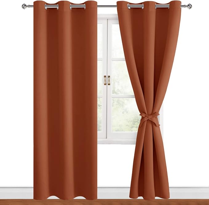 Hiasan Blackout Curtains for Bedroom, 38 x 84 Inches Long - Thermal Insulated & Energy Saving Window Curtains for Living Room Fall Home Decor, 2 Drape Panels Sewn with Tiebacks, Burnt Ochre
