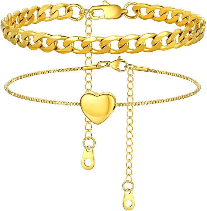 U7 2Pcs/3Pcs Ankle Bracelets for Women, Stainless Steel Cuban Link/Figaro/Rope/Heart Chain Anklets Sets,Waterproof Layered Anklets Adjustable 8.5"-10.5"