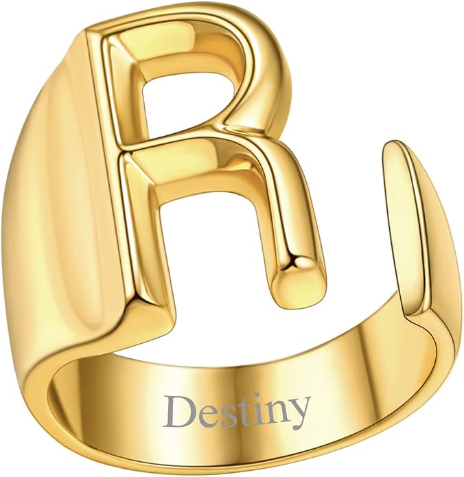 FindChic Customizable Initial Ring Statement 18K Gold Plated Fashion Cuff Rings for Women Alphabet Letter A to Z Resizable Knuckle Ring (with Gift Box)