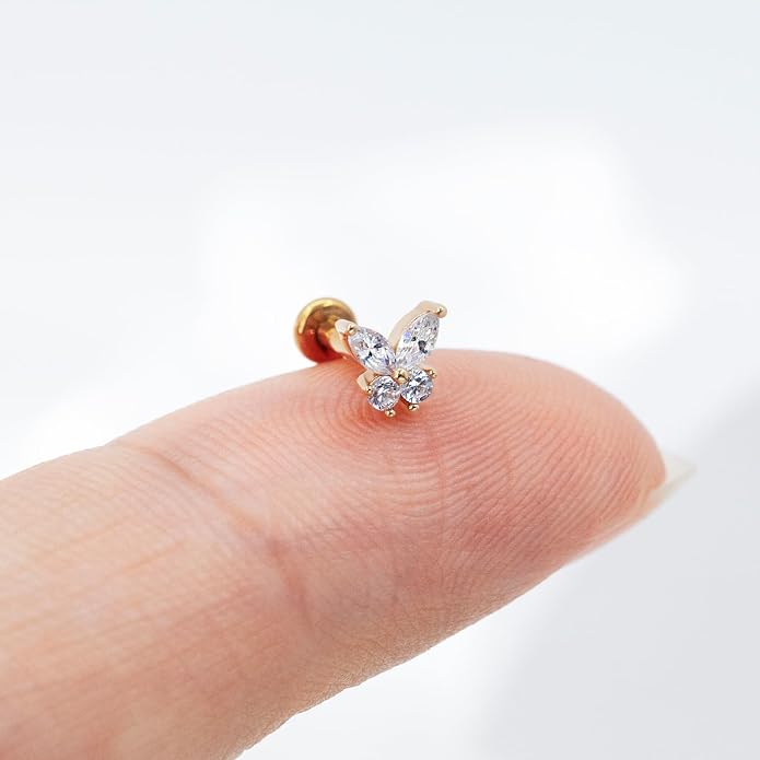 1Pcs 14K Yellow/White Gold Cartilage Earring for Women, 16G Threadless Flat Back Top Push in, Butterfly Tragus Helix Labret Lip Stud Piercing Jewelry